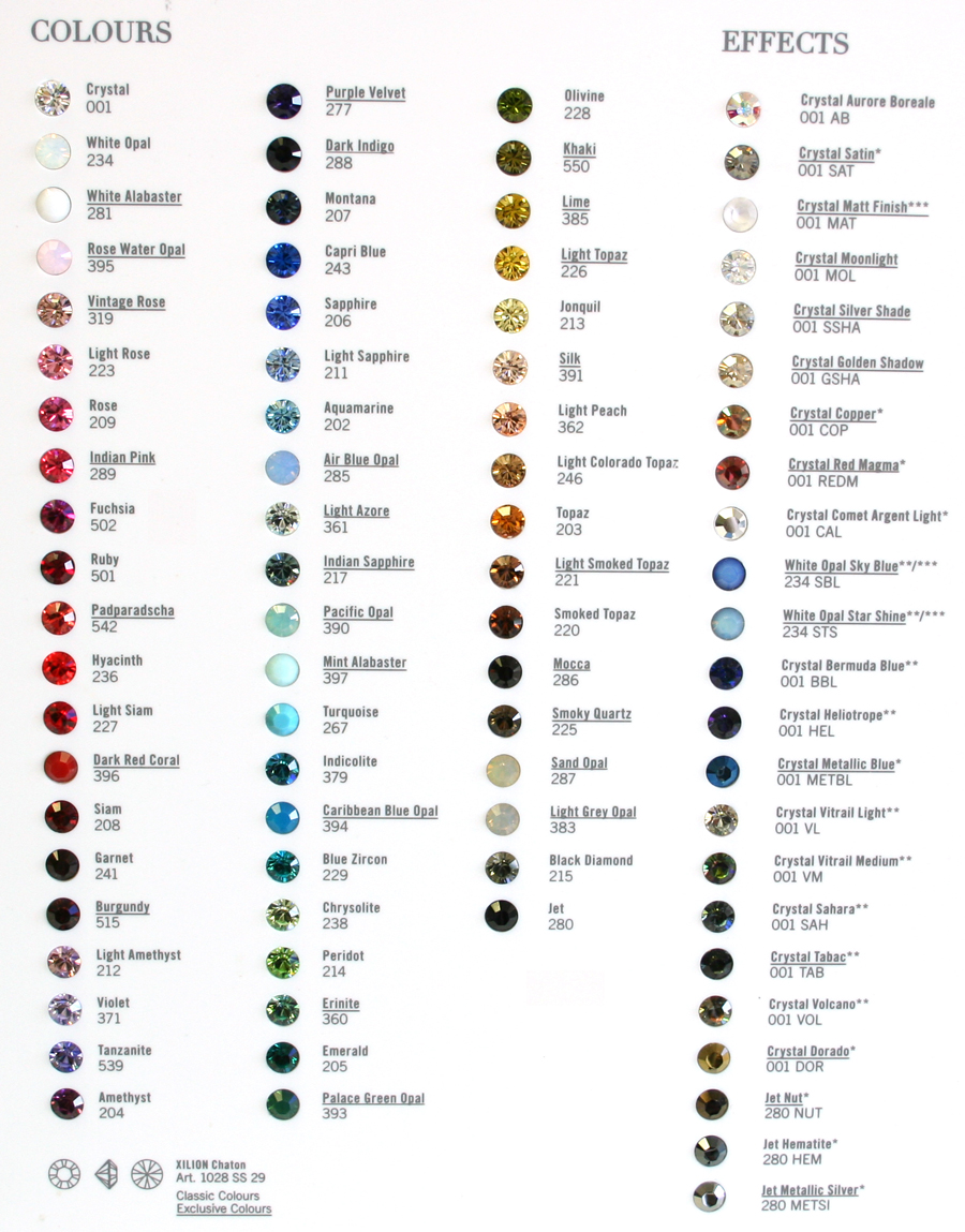 swarovski element XILION Chaton Color Chart
